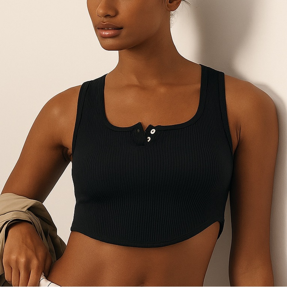NWT Anthropologie Seamless Henley Crop Top Size S/M - Black